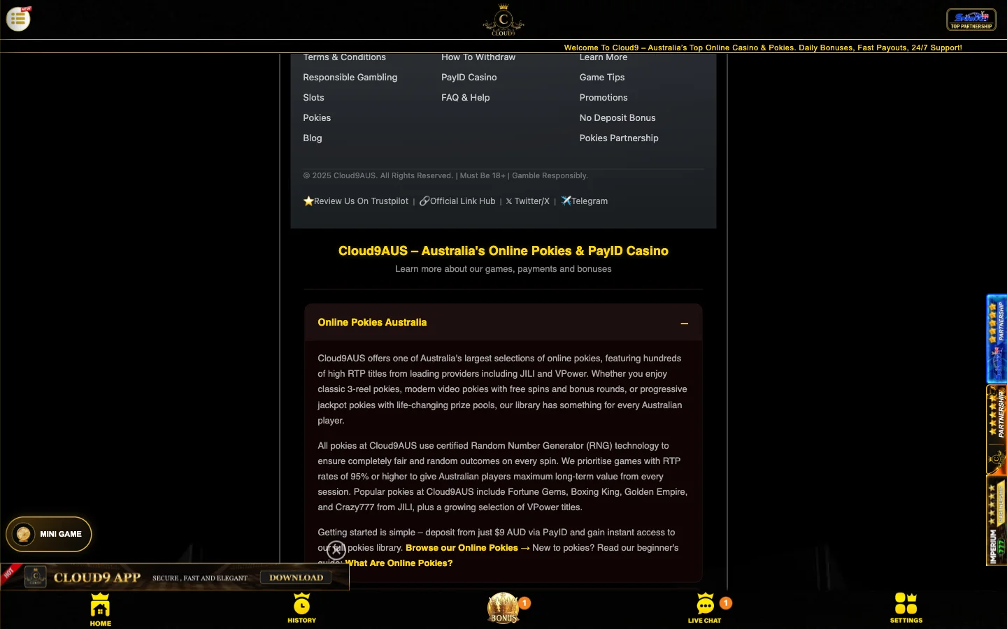 Cloud9 casino promotions menu showing Promotions, No Deposit Bonus, VIP Program and How To Deposit links above the site information panel